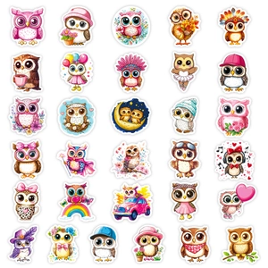 Detailed close-up of 30 unique cute pink owl cartoon stickers in a neat flat lay grid