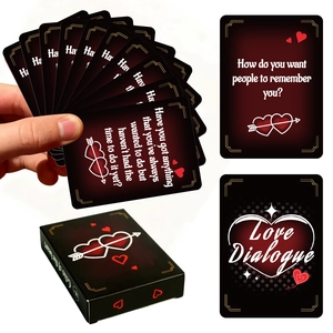 Detailed fan-out display of Love Dialogue couple cards with black storage box