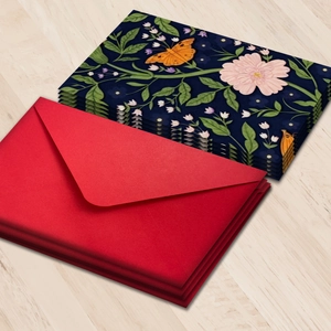 Vintage floral greeting card set with red envelopes and elegant botanical butterfly prints