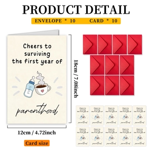Detail view of 10 pack parenthood greeting cards with envelopes and sizing dimensions