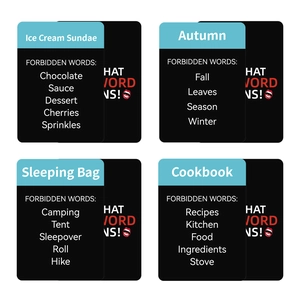 Macro detail of English forbidden words board game cards with various themes like Autumn