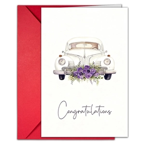 Close-up of wedding card with watercolor vintage car illustration and red envelope