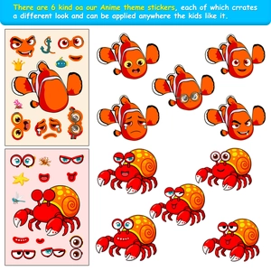 Detail of DIY sea creature stickers featuring clownfish and crab with facial expression parts