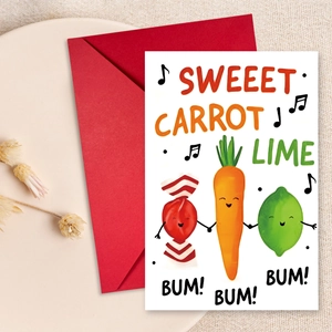 Cartoon fruit and vegetable birthday greeting card with a vibrant red envelope set
