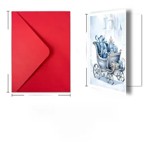 Detailed view of red envelope and watercolor Christmas card with winter castle illustration