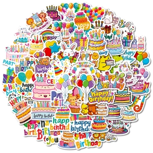 Set of 56 cute cartoon happy birthday stickers with cakes balloons and animals