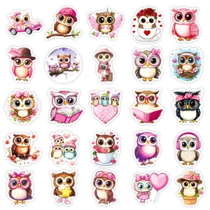 Collection of 25 cute pink owl waterproof stickers featuring various cartoon life scenes