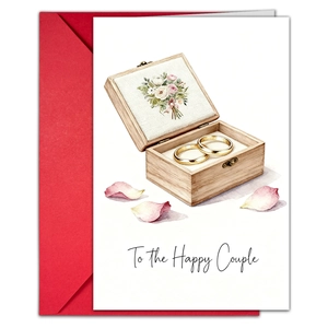Wedding card with watercolor wedding rings and red envelope for the happy couple