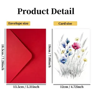 Floral illustration greeting card set with red envelope and detailed size guide
