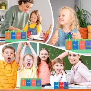 Math flip chart showing fractions decimals and percentages with visual rectangle models