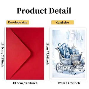 Blue watercolor Christmas card set with red envelope and winter sleigh illustration