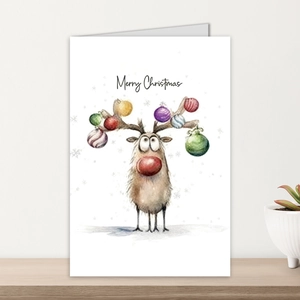 Vertical fold-out Christmas card featuring watercolor reindeer and hanging ornaments