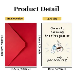 Tarjeta de felicitación para nuevos padres con sobre rojo y diseño de biberón y café