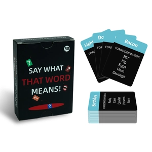 Detailed spread of English word game cards and black box from the After Dinner series
