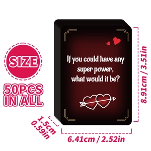 Detailed size chart showing 8.91x6.41cm dimensions for 50 pieces of couple game cards