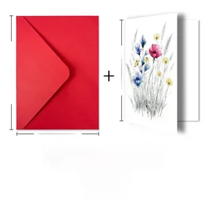 Floral watercolor greeting card with red envelope set and detailed size measurements