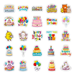 Set of 56 colorful cartoon Happy Birthday stickers with cakes and party animals