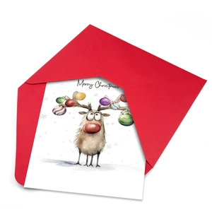 Large Christmas card set with watercolor reindeer illustration and red envelope