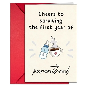 Grußkarten-Set für Eltern mit rotem Umschlag und 'First Year of Parenthood' Spruch
