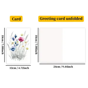 Size chart showing folded 12x18cm and unfolded 24x18cm floral botanical greeting cards