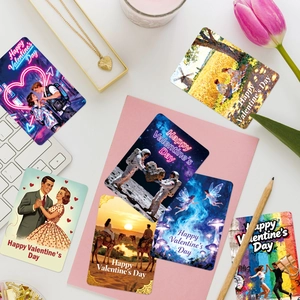 Flatlay von Happy Valentine's Day Karten in verschiedenen Stilen mit rosa Umschlägen