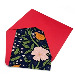 Vintage floral greeting card with butterfly illustration and festive red envelope set