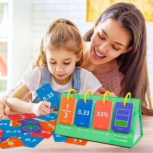 Educational flip chart showing conversion of fractions, decimals, and percentages