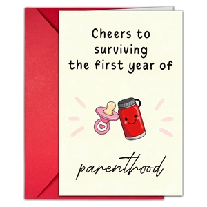 Detail showing a 1st anniversary parenthood card with baby bottle and red envelope