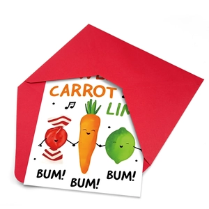 Creative cartoon vegetable greeting card with red envelope featuring carrot and lime designs