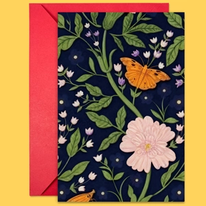Detailed view of vintage floral card with 3D texture, orange butterfly, and red envelope