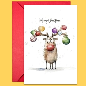 Close-up of watercolor reindeer Christmas card with a vibrant red envelope on yellow background