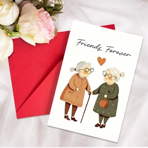 Κοντινό πλάνο κάρτας Friends Forever με γιαγιάδες κινούμενα σχέδια σε λευκό μετάξι