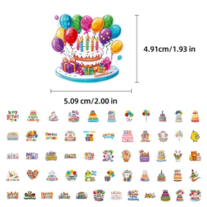 Detailed size guide showing a 2-inch cute cartoon birthday sticker with assorted patterns