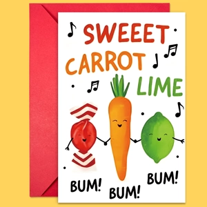 Close-up of creative greeting card with cartoon fruit illustrations and red envelope