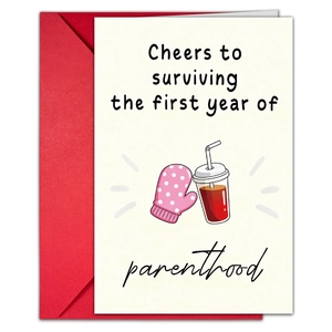 Detail of parenting anniversary card with Cheers to surviving the first year text
