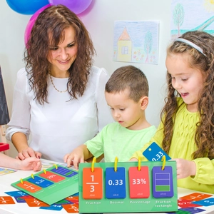 Educational fraction flip chart showing decimals and percentages during parent-child learning