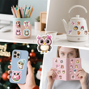 Cute pink owl stickers applied on water bottles, laptops, and phone cases for decoration