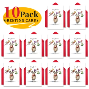 Detailed matrix view of 10-pack watercolor reindeer Christmas cards with red envelopes