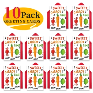 Detail of 10 pack creative cartoon carrot and lime birthday greeting cards with red envelopes