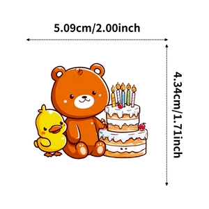 Size chart for cute cartoon birthday cake sticker measuring 5.09cm by 4.34cm for decorations