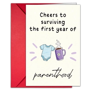 Close-up of a funny first year of parenthood greeting card with a red envelope set