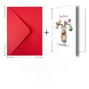 Detail view of large Christmas card set with watercolor reindeer illustration and red envelope