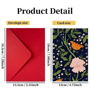 Vintage floral greeting card and red envelope set with botanical and butterfly prints
