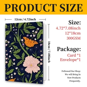 Infographic showing size 12x18cm and 300GSM paper of the vintage floral greeting card