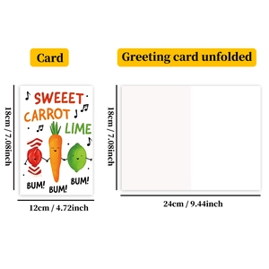 Detail showing folded and unfolded dimensions of cartoon carrot and lime birthday cards