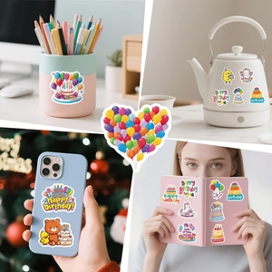 Application of cute cartoon birthday stickers on laptop and home items for decoration