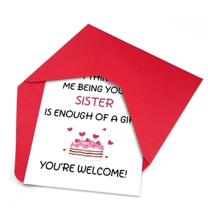Funny birthday card for sister with pink cake illustration and red envelope