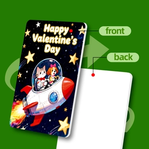 Vorder- und Rückseite der Valentine's Day Karten mit Haustieren in einer Weltraumrakete