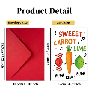 Cartoon fruit and vegetable birthday card set with red envelope and detailed size specs