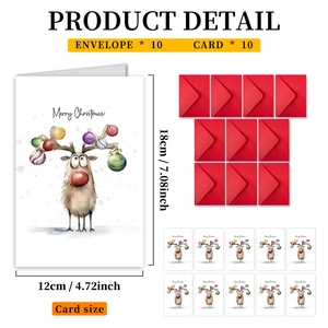 Detailed view of 10-pack watercolor reindeer Christmas cards with red envelopes and size specs